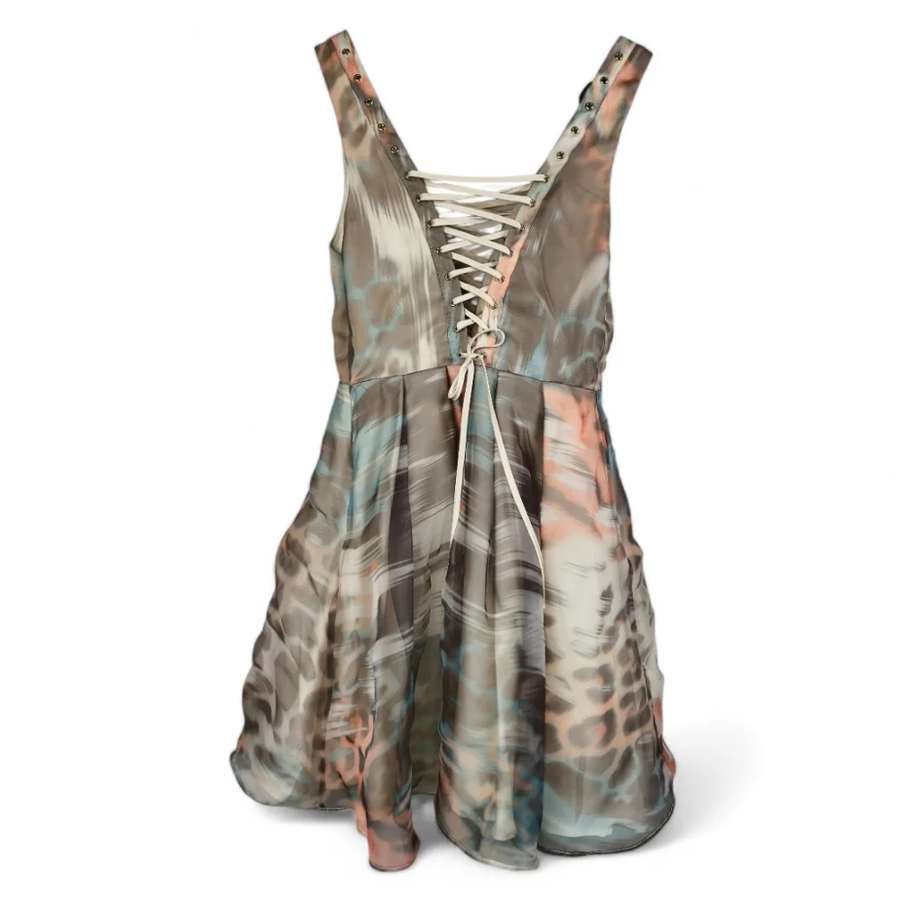 bebe Women US 2 Pastel Animal Watercolor Print Lace-Up Chiffon Mini Dress Party - Picture 5 of 16